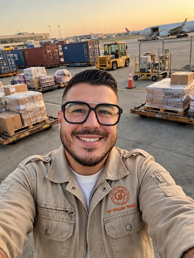 Andrea Cappilli in un'area cargo aeroportuale, tra pallet e container