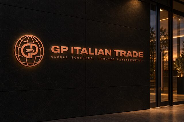 L'insegna luminosa GP Italian Trade sulla facciata della sede