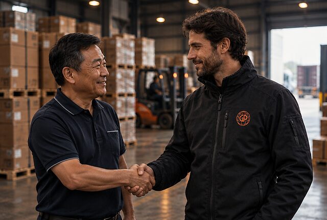 Il nostro agente stringe la mano al titolare di una fabbrica in Cina, tra i cartoni pronti per l'export
